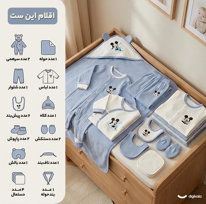 ست بیمارستانی لباس نوزادی 24 تکه مدل میکی موس آبی bsbm01